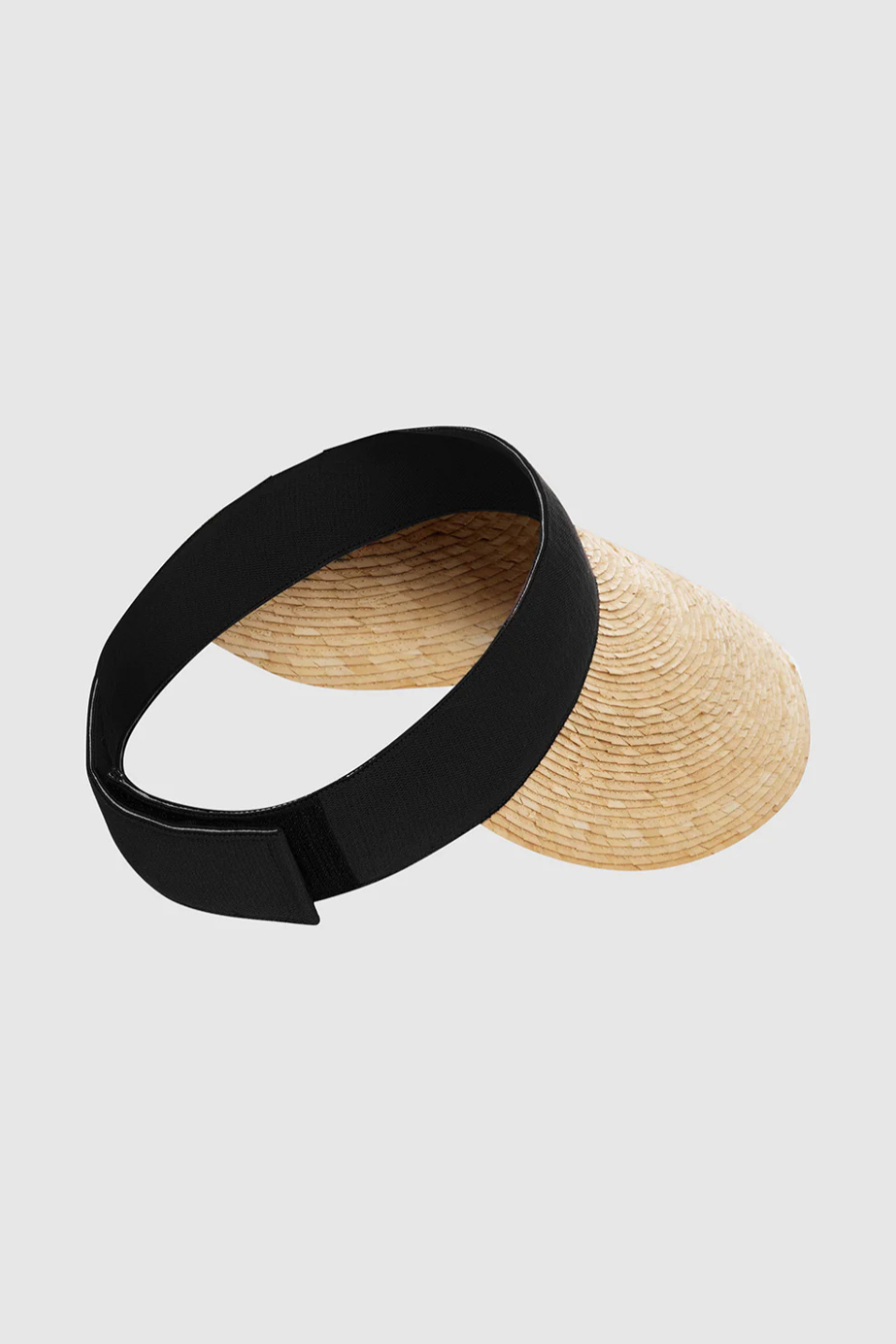 Black visor with straw base on a light gray background