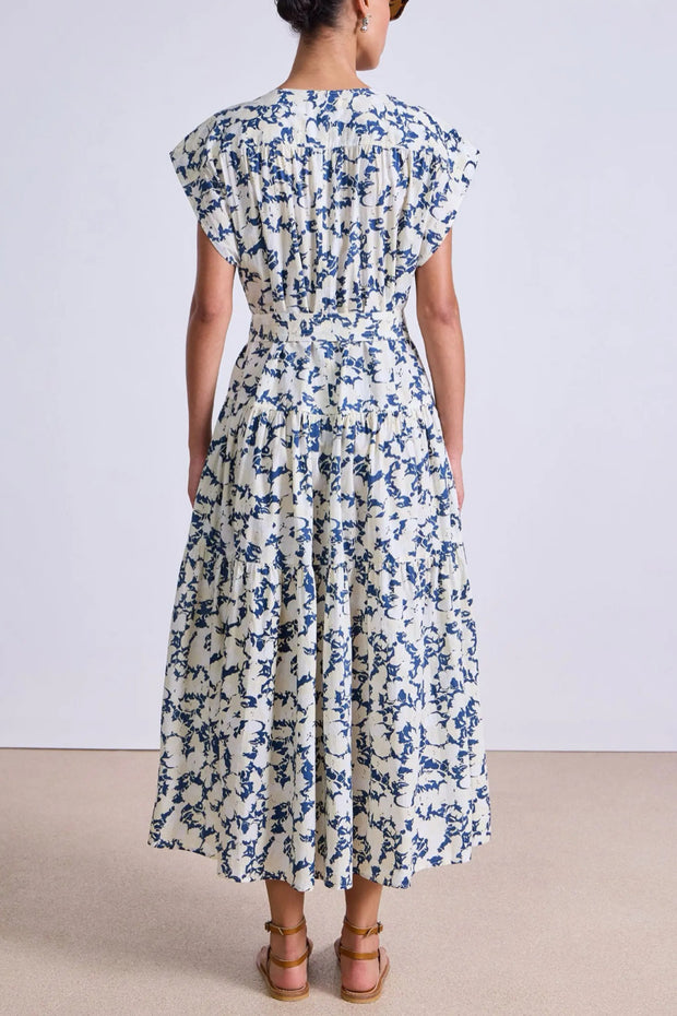 Image of model wearing the Apiece Apart Agathe Tier Maxi Dress back view
