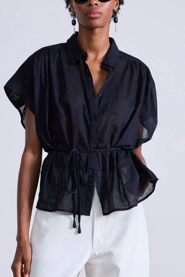 Image of model wearing the Apiece Apart Agni Floaty Top front view