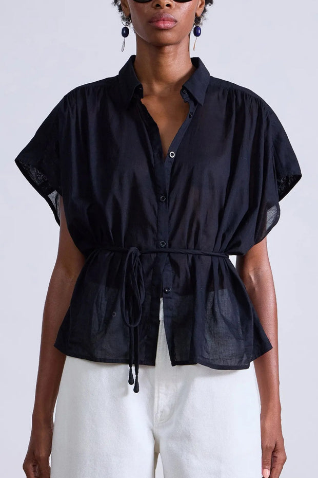 Image of model wearing the Apiece Apart Agni Floaty Top front view