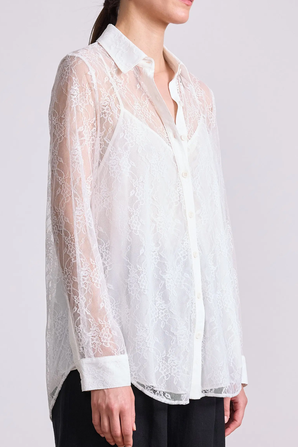 White lace blouse worn by a person on a plain background