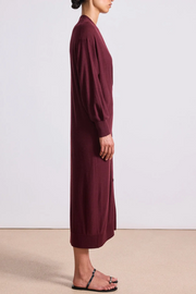 Side image of a drippy cardigan dress in mulberry