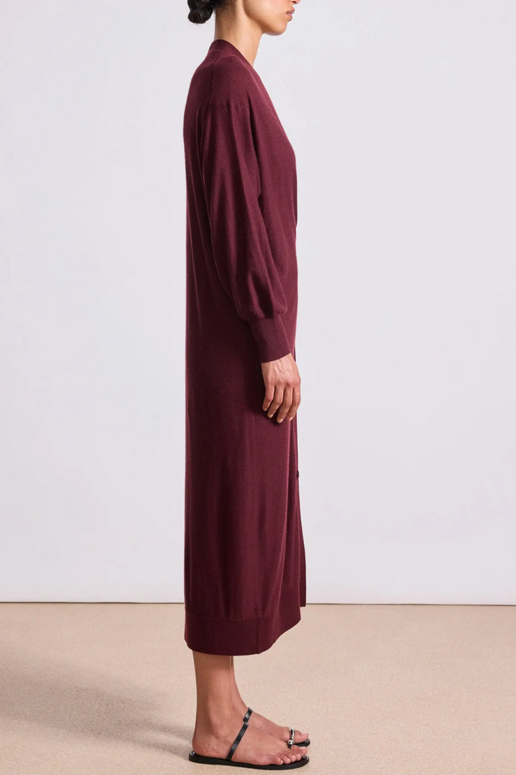 Side image of a drippy cardigan dress in mulberry