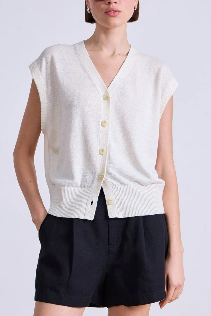 Image of model wearing the Apiece Apart Fine Weight Cropped Vest front view