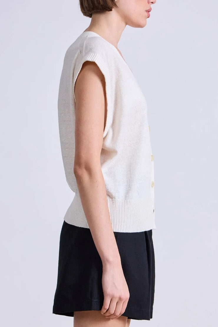 Image of model wearing the Apiece Apart Fine Weight Cropped Vest side view