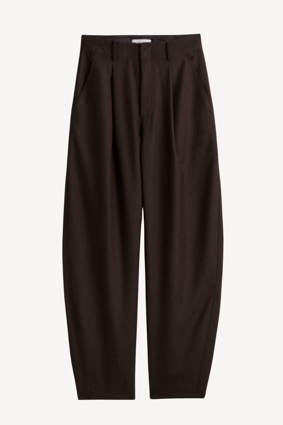 Dark brown wide-leg trousers with a relaxed, slightly baggy silhouette and front pleats, shown flat against a light gray background.