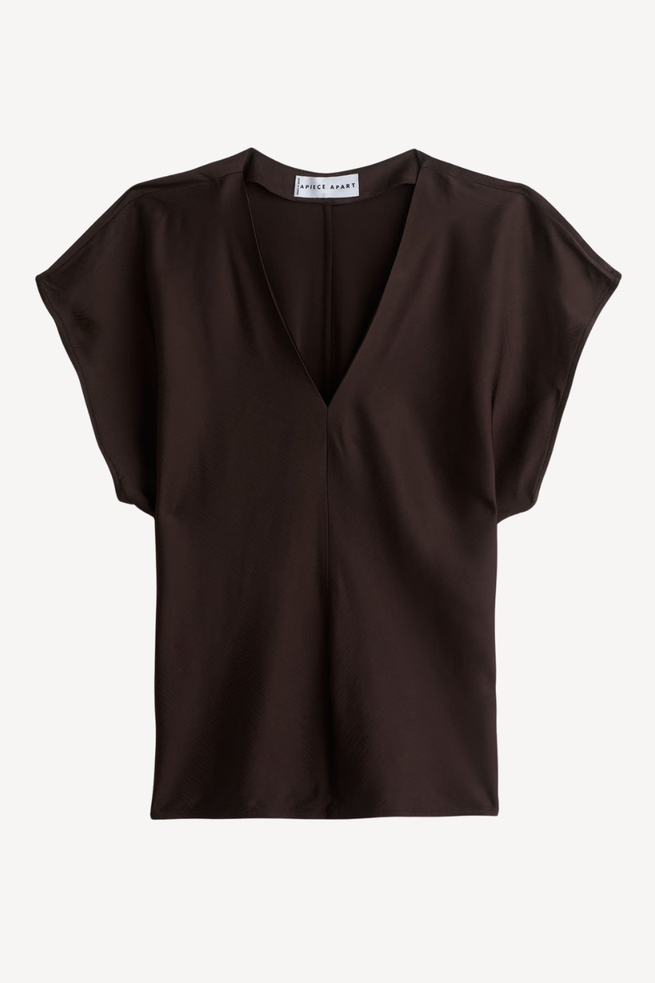 A dark brown short-sleeve top with a deep V-neckline, displayed flat against a light off-white background.
