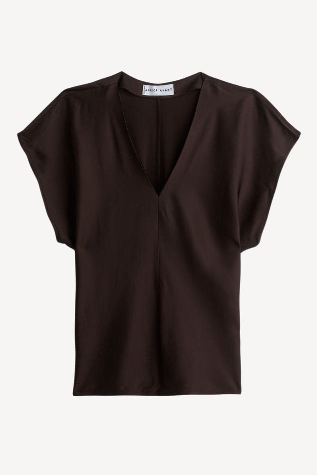 A dark brown short-sleeve top with a deep V-neckline, displayed flat against a light off-white background.