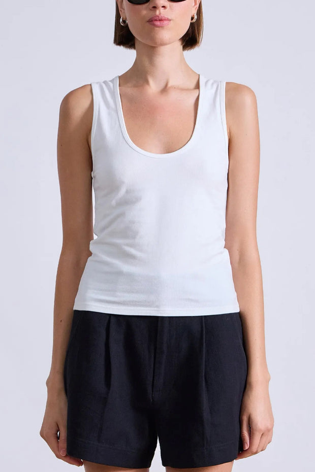 Image of model wearing the Apiece Apart Uri Low Cut Tank front view