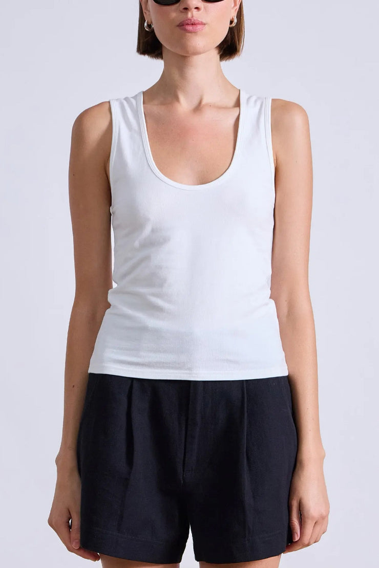 Image of model wearing the Apiece Apart Uri Low Cut Tank front view