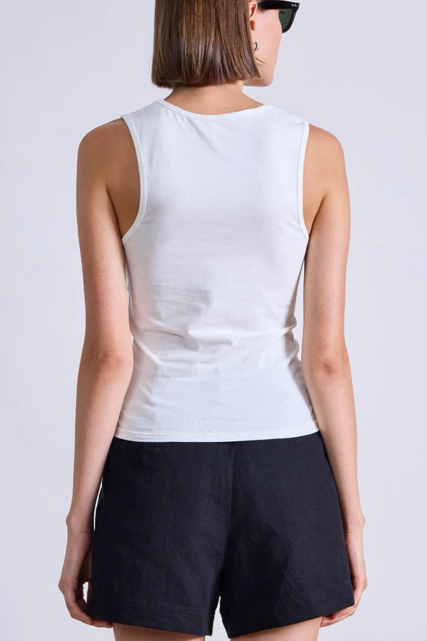 Image of model wearing the Apiece Apart Uri Low Cut Tank back view