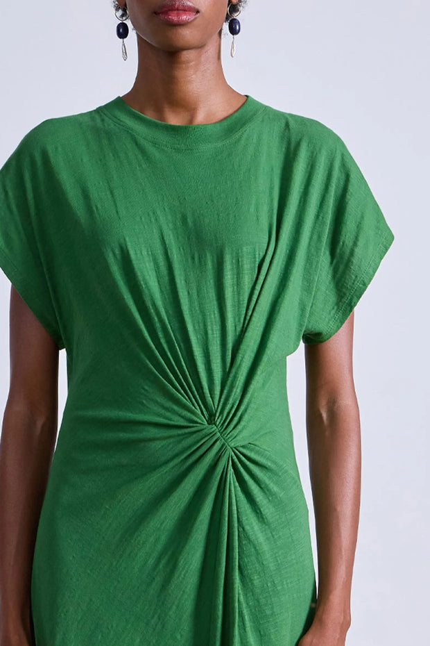 Image of model wearing the Apiece Apart Volta Twist Dress front view close up