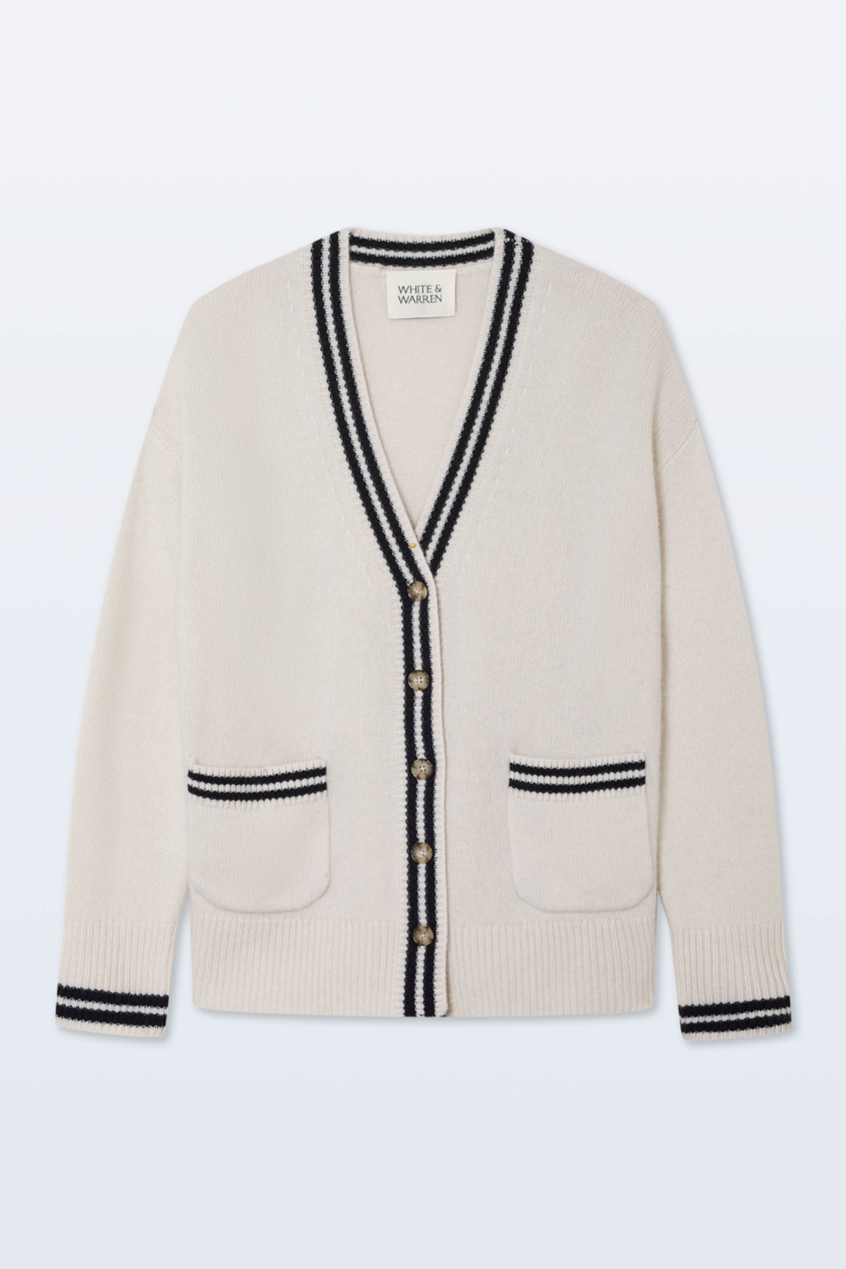 white and navy cardigan