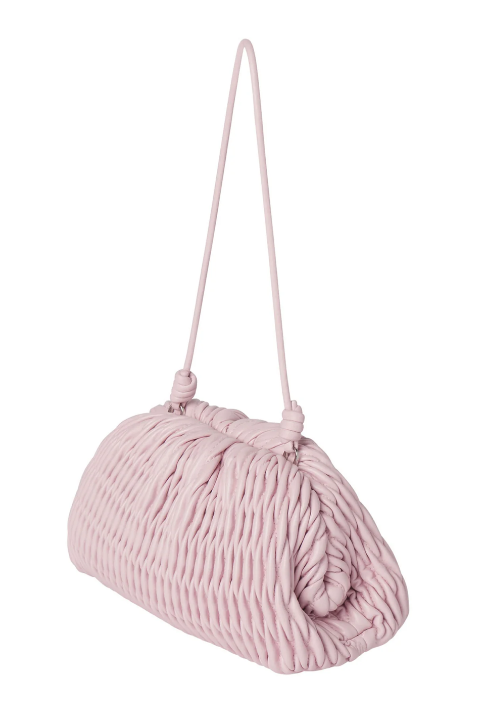 Pink textured handbag with a strap on a white background