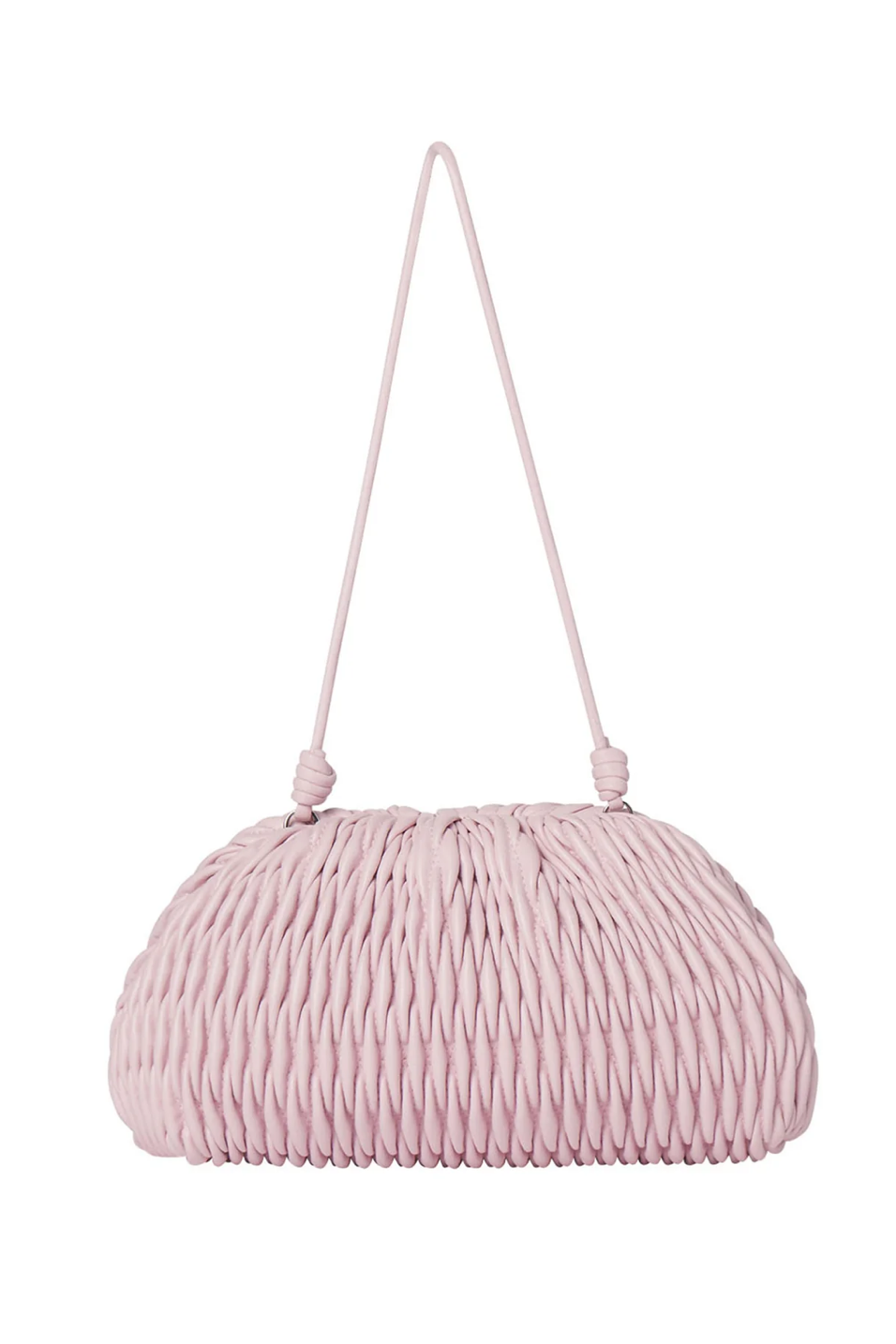 Pink textured handbag with a strap on a white background