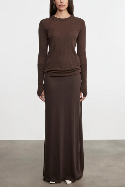 Image of Long maxi bias skirt in dark brown