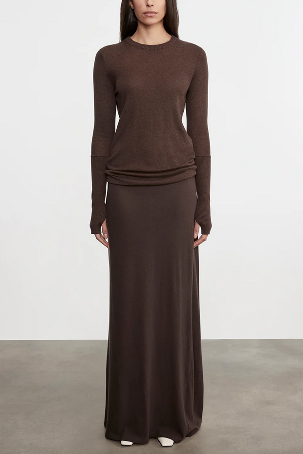 Image of Long maxi bias skirt in dark brown