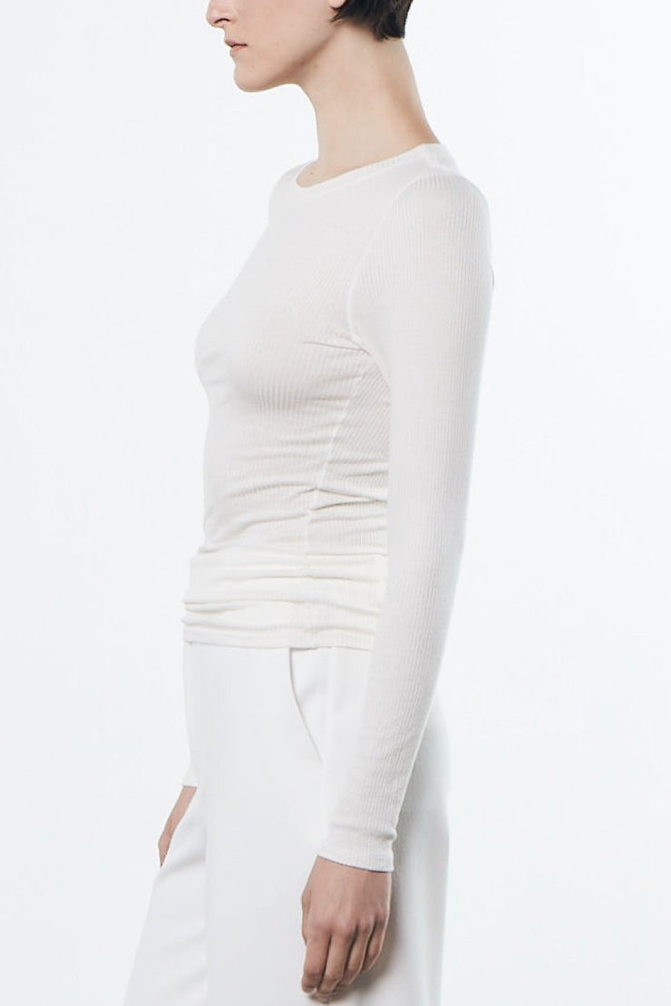 Image of model wearing Enza Costa silk cashmere rib slim crew