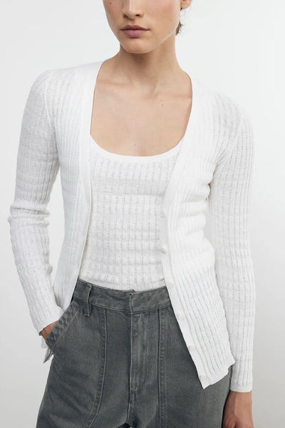 Image of the Enza Costa Linen Cotton V Neck Cardigan front view close up