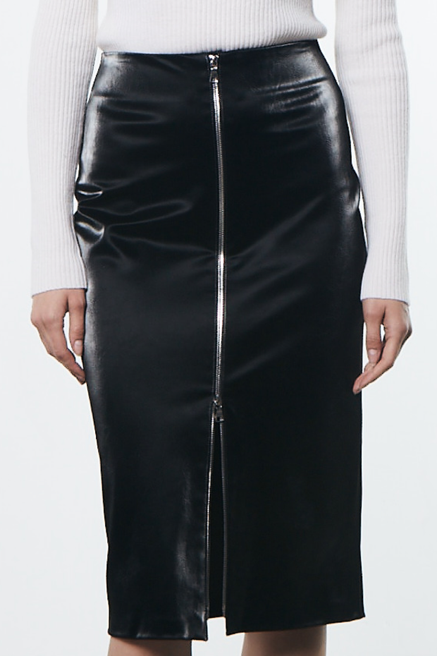 Image  of model wearing enza Costa Satin finish leather skirt