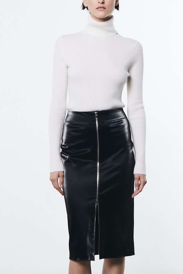 Image  of model wearing enza Costa Satin finish leather skirt