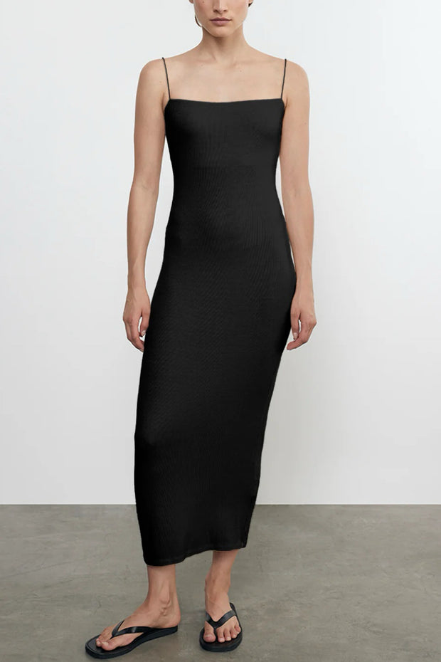Image of model wearing the Enza Costa Silk Knit Jersey Essential Strappy Dress front view
