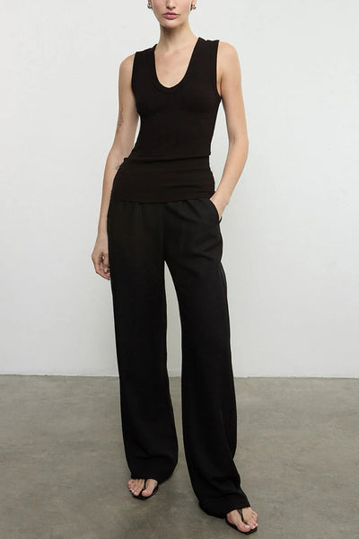 Image of model wearing the Enza Costa Textured Rib Sleeveless U front view