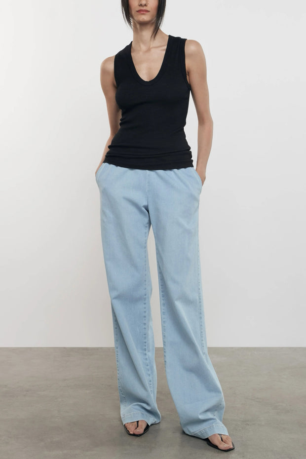 Image of model wearing the Enza Costa Textured Rib Sleeveless U front view