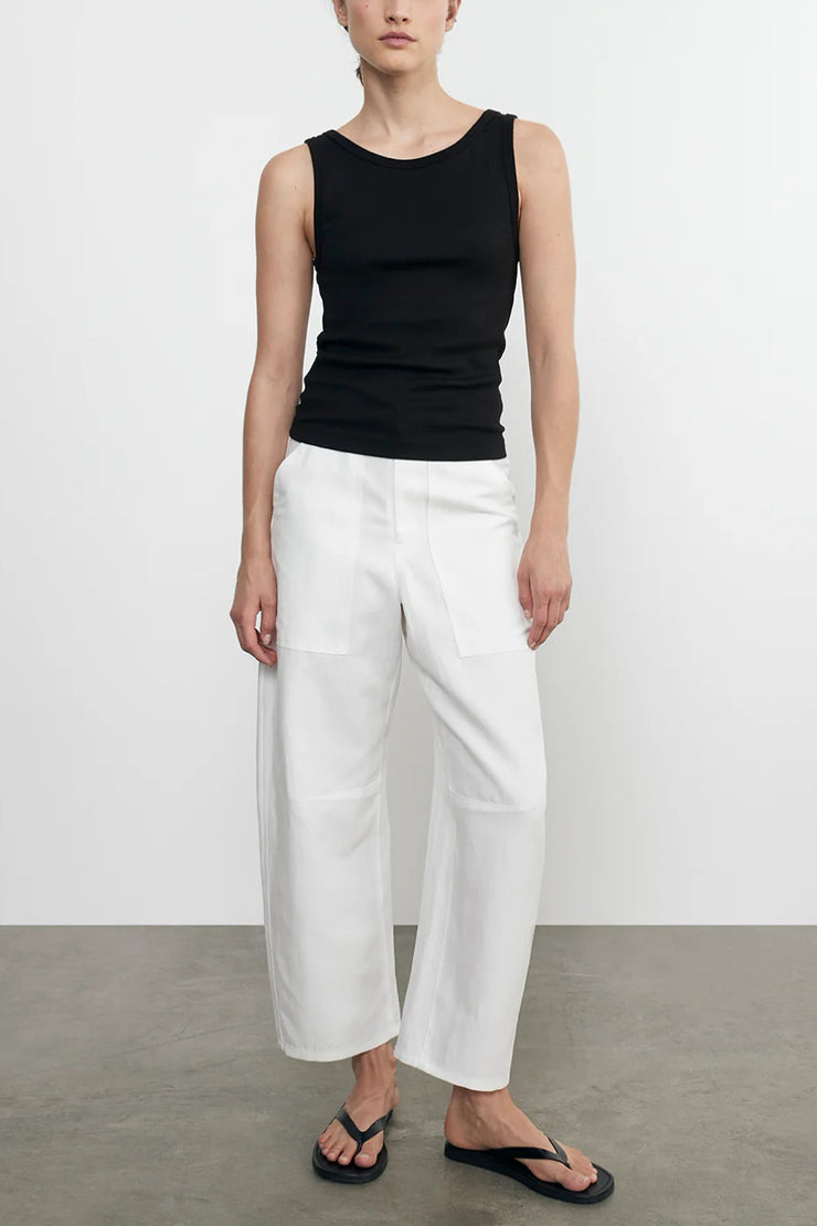Image of model wearing the Enza Costa Twill Work Pant front view