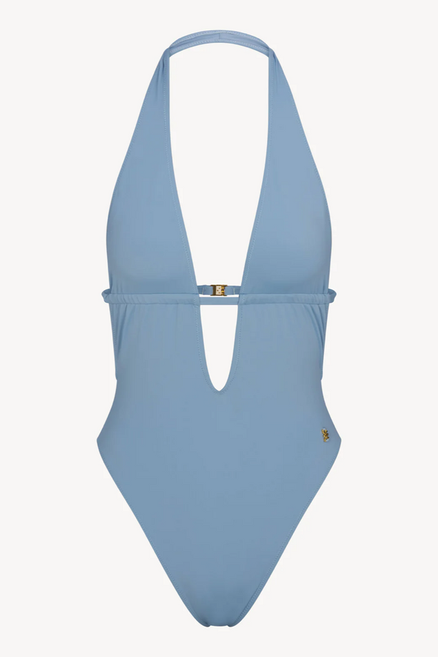 Blue swimsuit with a deep neckline on a white background