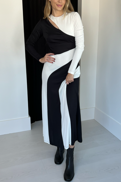 Image of Farm Rio black and white long sleeve cut out dress