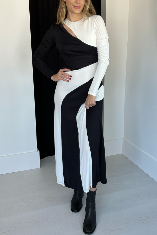 Image of Farm Rio black and white long sleeve cut out dress