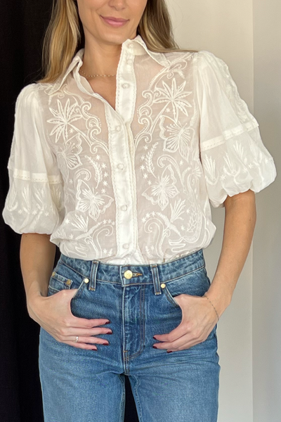 Image of Farm Rio embroidered short sleeve blouse