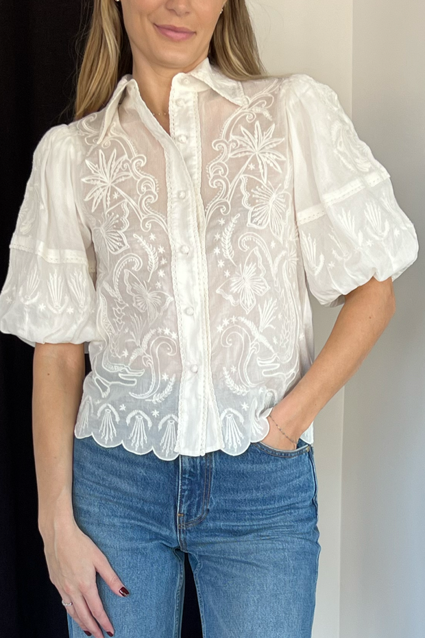 Image of Farm Rio embroidered short sleeve blouse