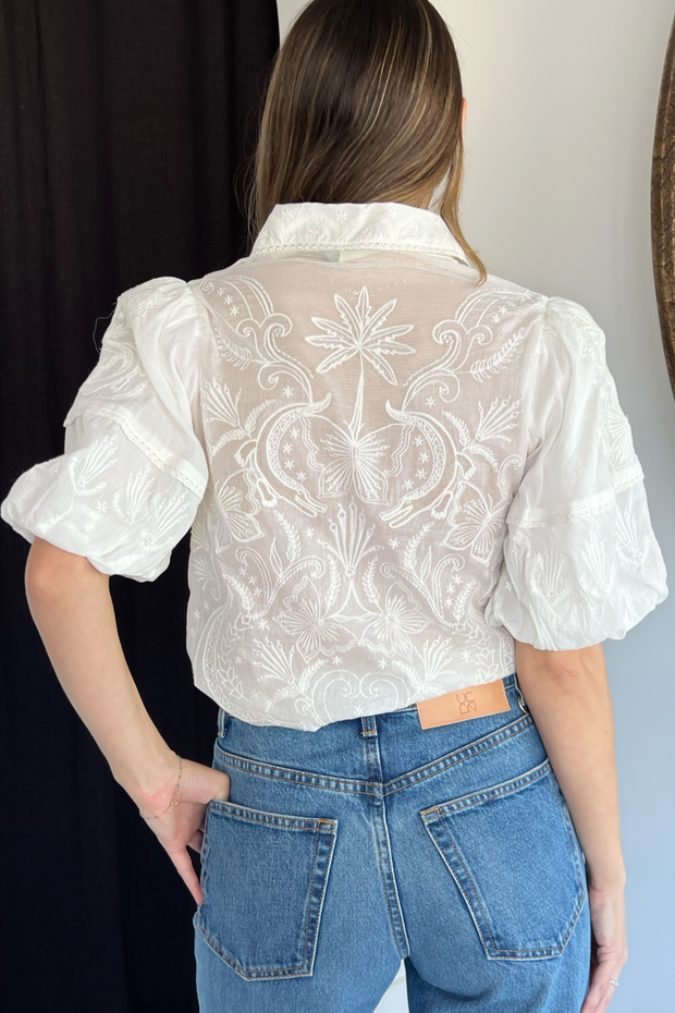 Image of Farm Rio embroidered short sleeve blouse