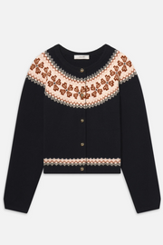 Navy blue fairisle cardigan on a white background
