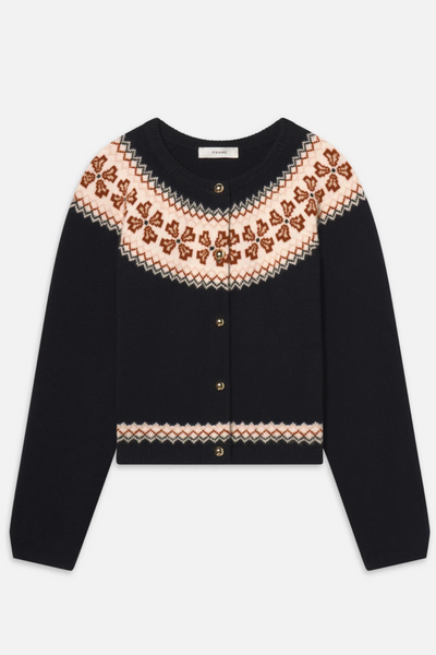 Navy blue fairisle cardigan on a white background