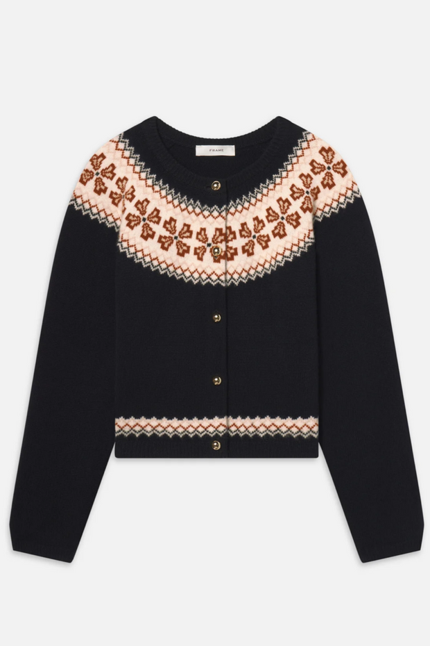 Navy blue fairisle cardigan on a white background