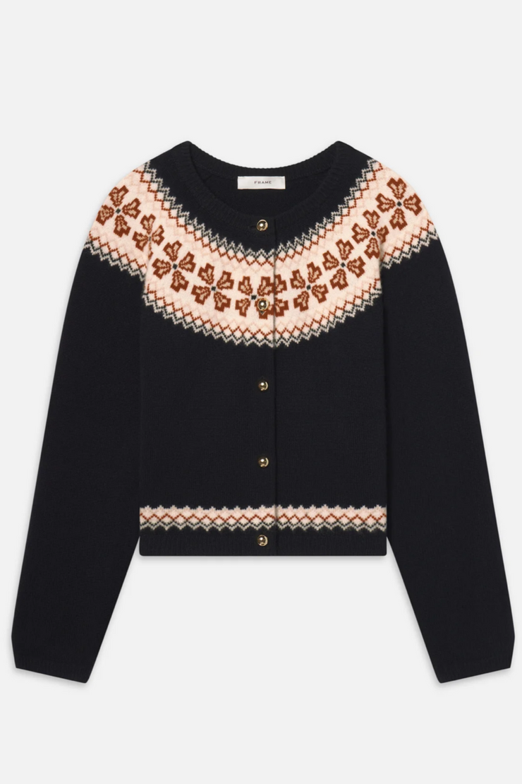 Navy blue fairisle cardigan on a white background