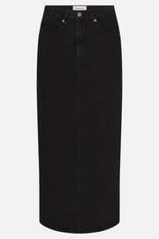Black denim skirt on a white background