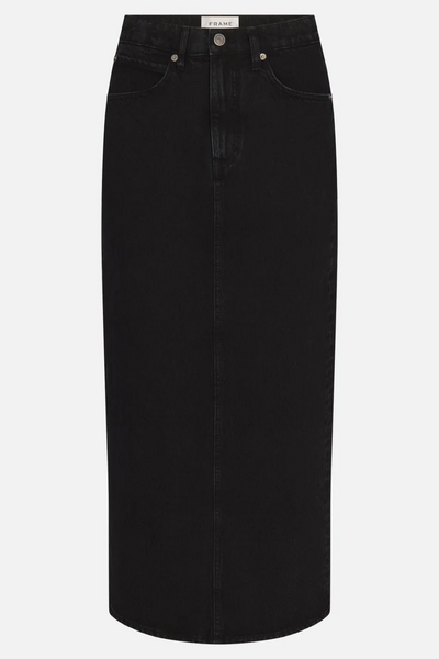 Black denim skirt on a white background
