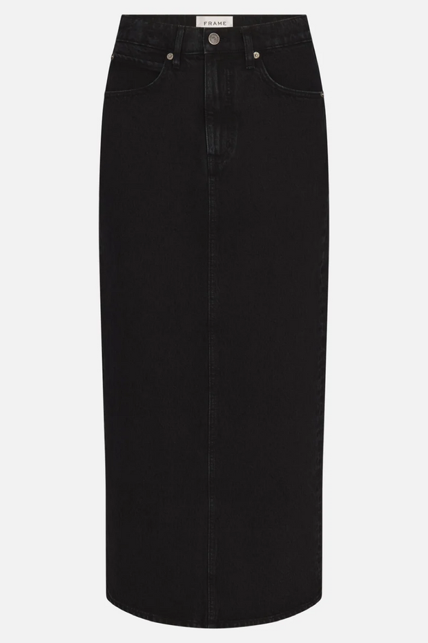 Black denim skirt on a white background