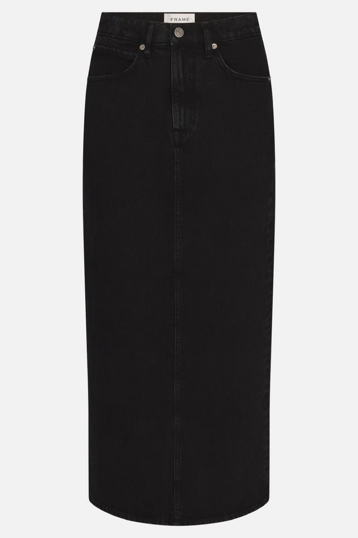 Black denim skirt on a white background