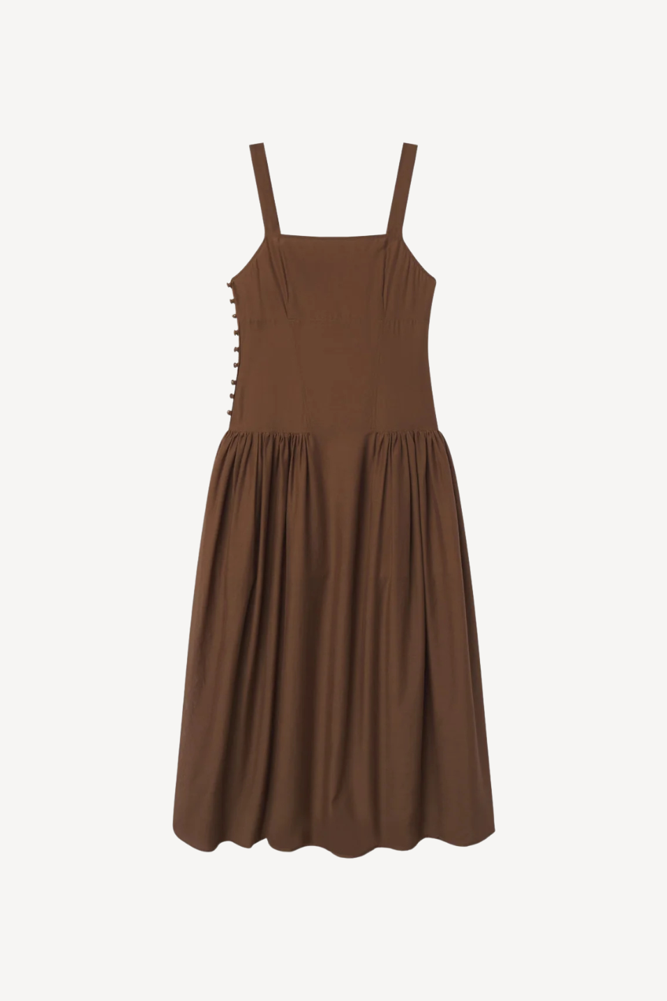 A brown sleeveless dress with thin shoulder straps, a square neckline, and a gathered skirt, shown against a plain light background.
