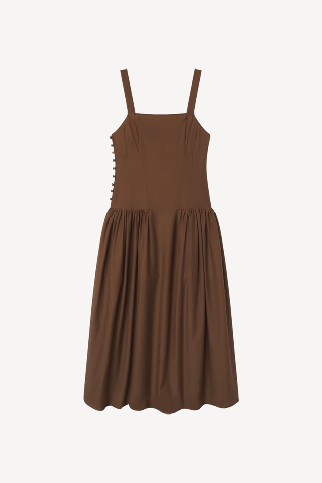 A brown sleeveless dress with thin shoulder straps, a square neckline, and a gathered skirt, shown against a plain light background.