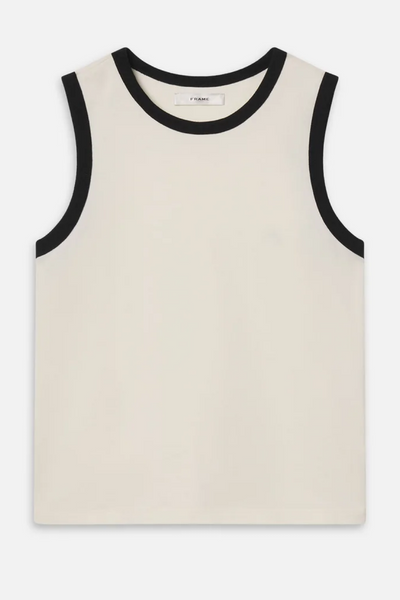 Cream tank top with black trim on a white background