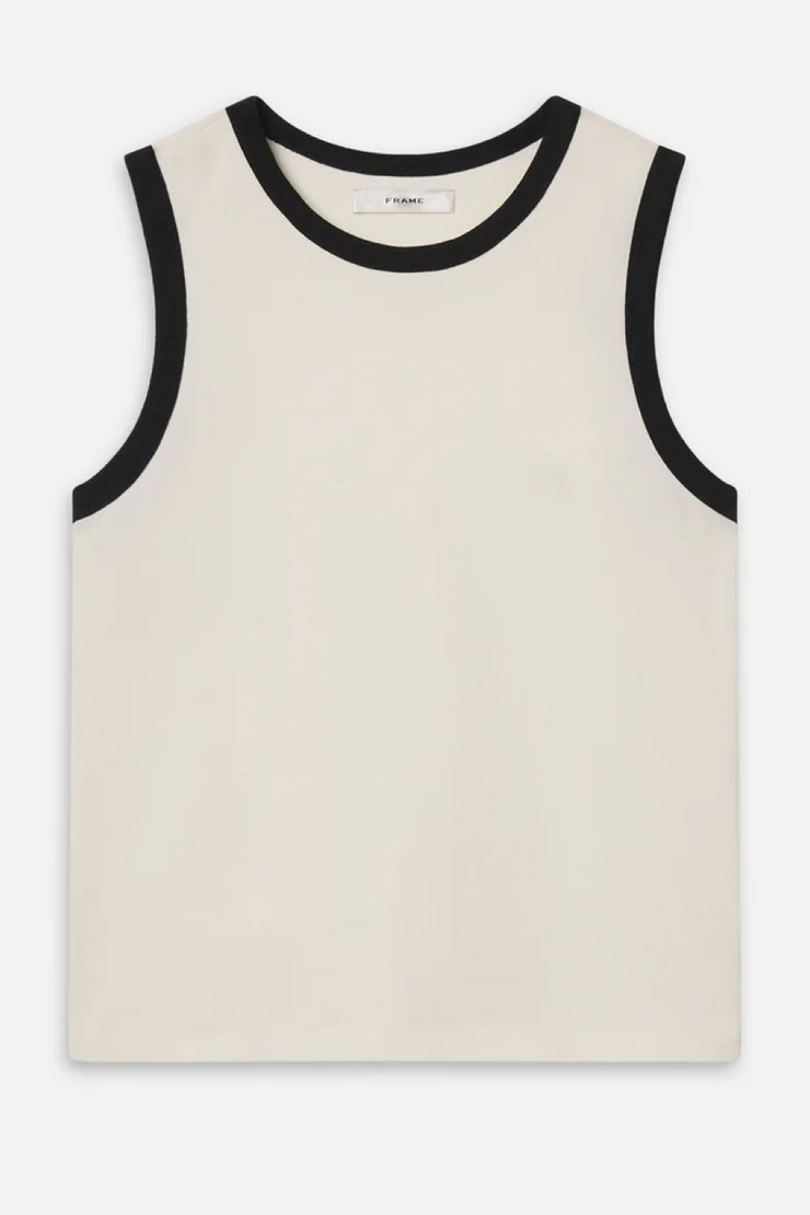 Cream tank top with black trim on a white background