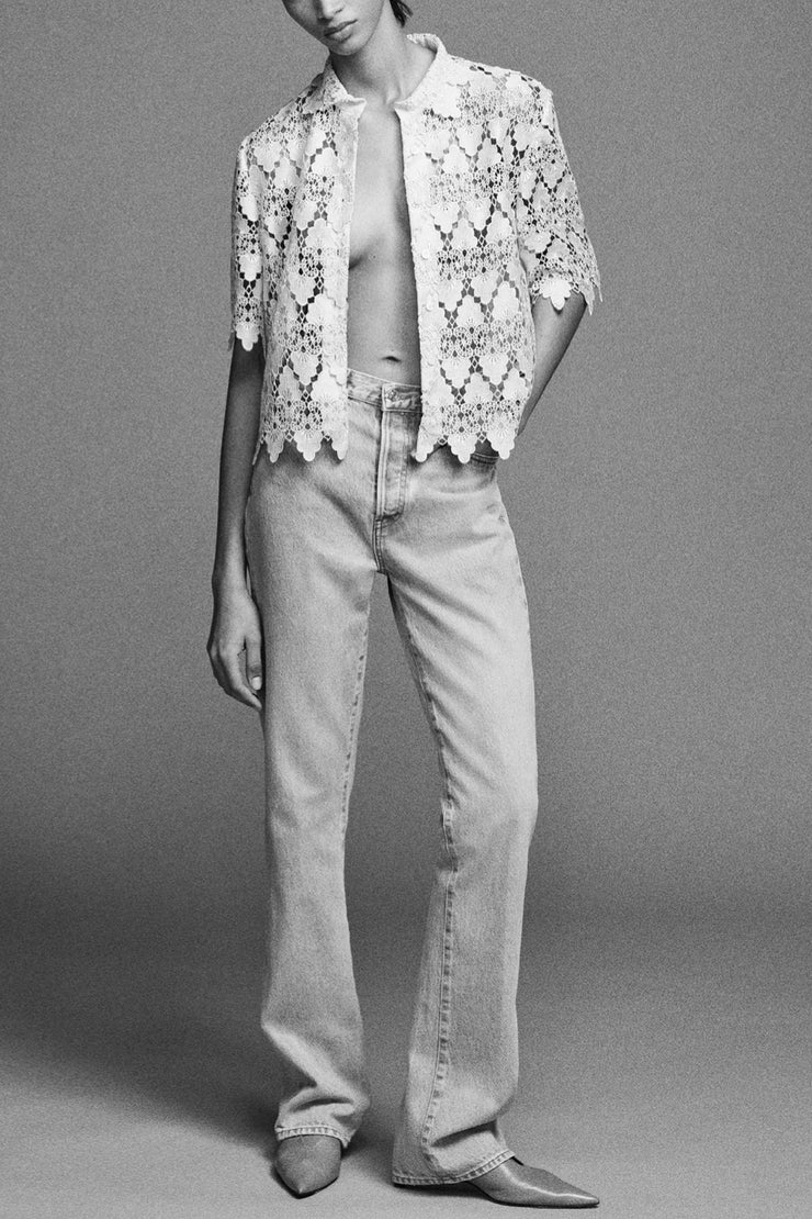 Image of model wearing the Frame The Lace Button Up Shirt