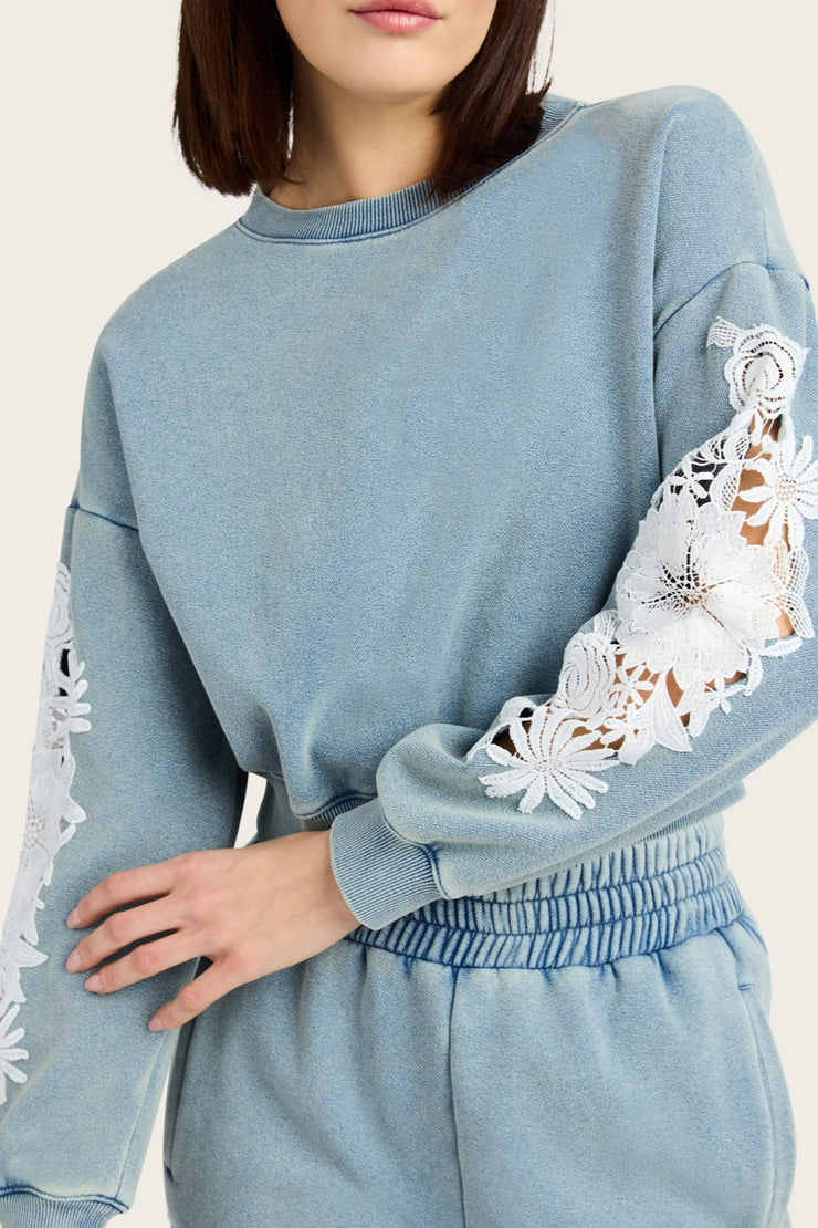 Image of model wearing the Generation Love Arabella Lace Combo Sweatshirt front view close up