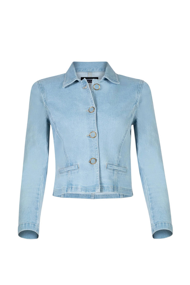 Image of the the Generation Love Lombardi Denim Blazer against white backdrop